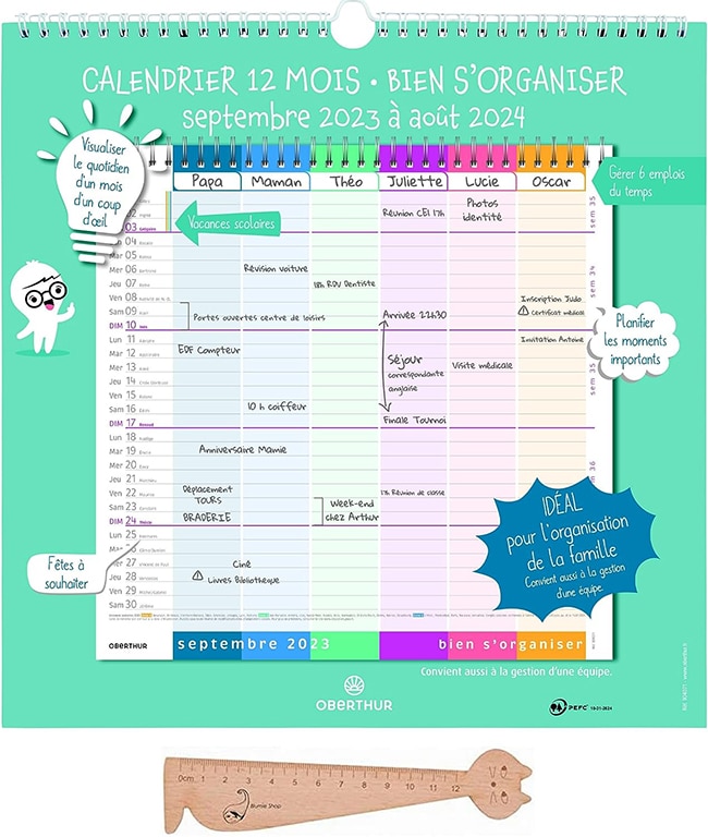 Organiseur Familial 2024: Calendrier Familial de janvier à décembre 2024,  Cinq colonnes pour chaque individu pour enregistrer et stocker les  événements quotidiens, Format A4 : Ou-planlogjournal, Moriza-Dor:  : Książki