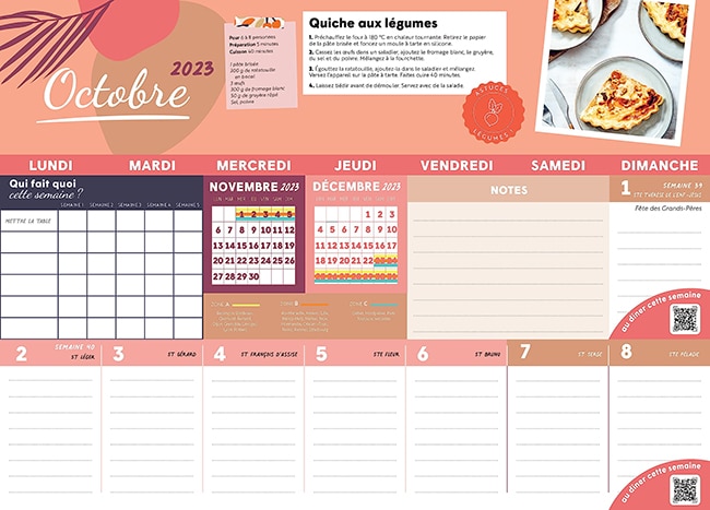 calendrier familial 2024 avec recettes