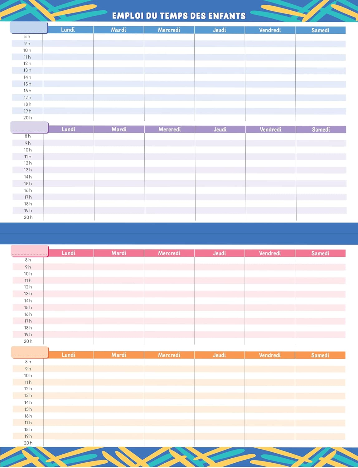 organiseur avec emploi du temps des enfants

