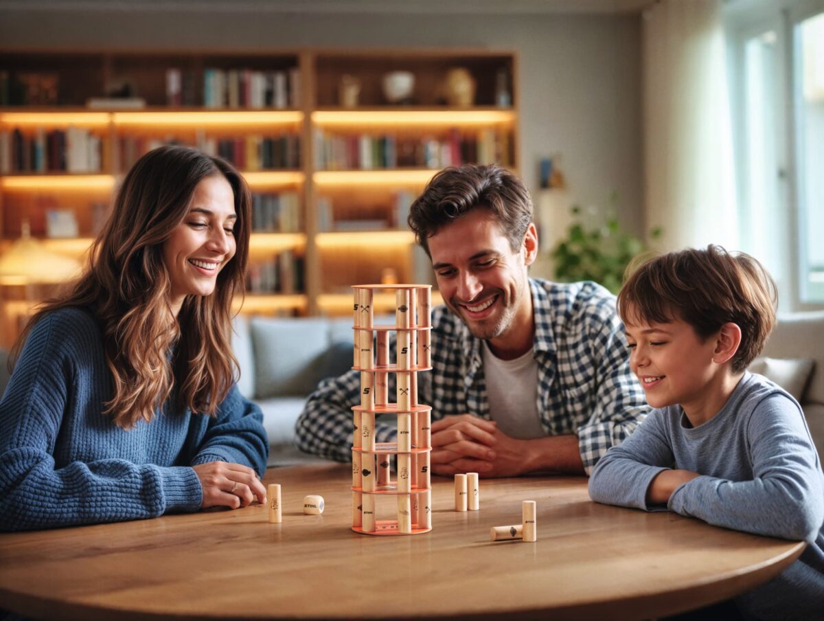 famille jouant avec la tour à empiler Stihl Wood
