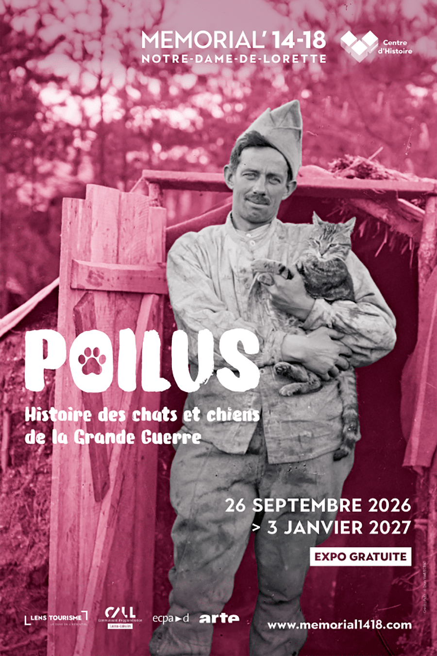 affiche exposition poilus les chiens et chats dans la Grande Guerre au Mémorial 14-18 Notre Dame de Lorette