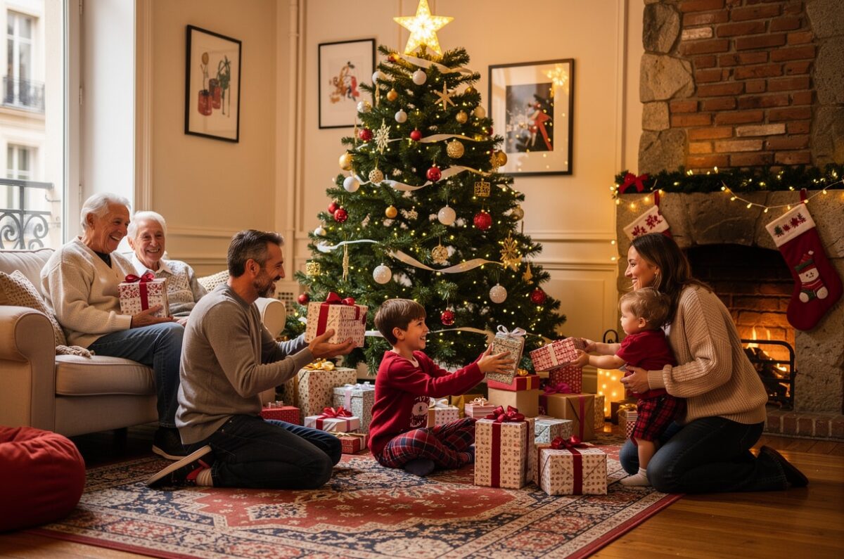 distribution de cadeaux de noel entre parents, grands-parents et enfants sous le sapin