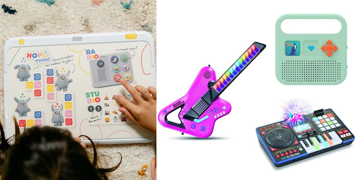 cadeaux audio pour enfants - hopiplay, enceinte merlin, guitare électrique vtech, platine dj vtech